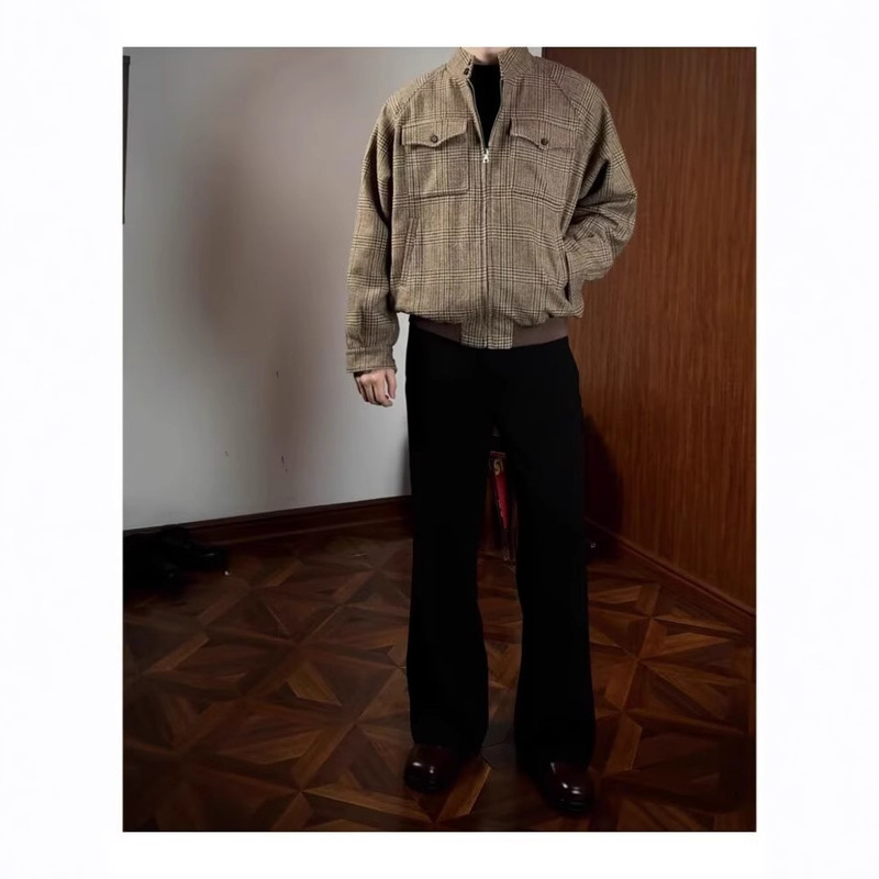 Houndstooth Harrington Woolen Jacket Men's and Women's Korean-style Loose Short Vertical Collar High-end Jacket