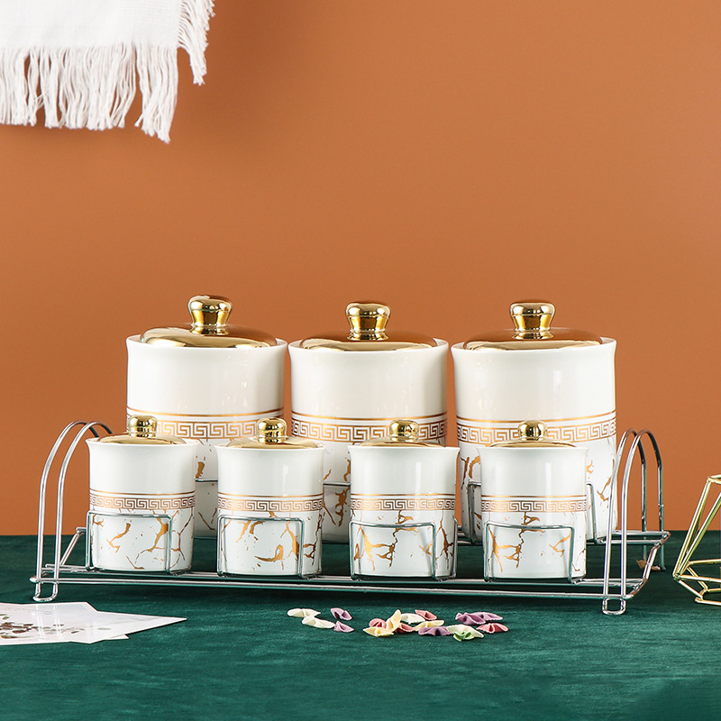 Light Luxury Marble Pattern Ceramic Sealed Jar Seven-piece Set Kitchen Supplies Storage Box Storage Jar with Hand Gift Porcelain Jar