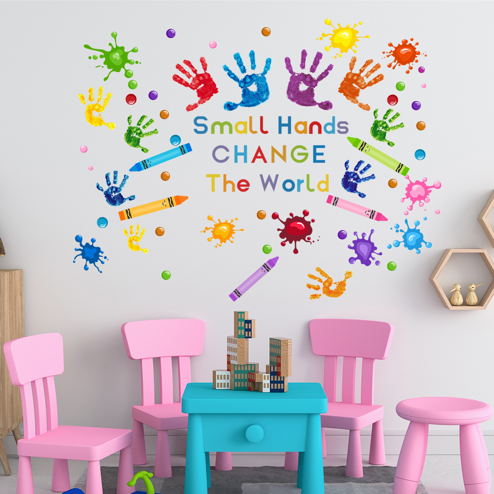 Small Hands Change the World English Wall Stickers Pencil Dots Children's Room Kindergarten Beautification Decorative Wallpaper Self-adhesive