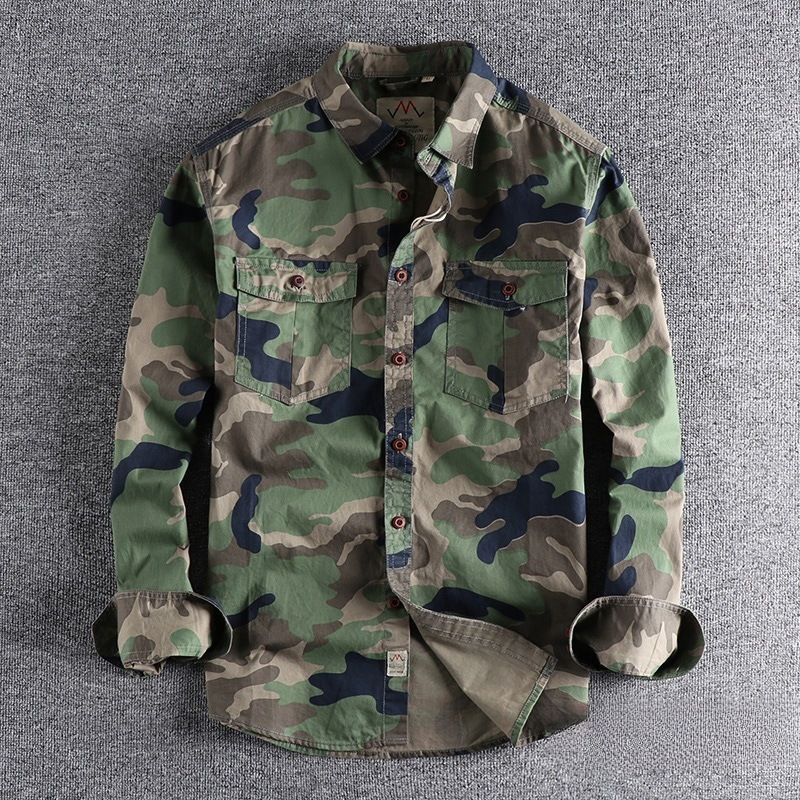 Khaki Washed Camouflage American-Style Workwear Long-Sleeve Shirt for Men with Double Pockets, Versatile Casual Military-Style Youth Top, in Stock Khaki Washed Camouflage American-Style Workwear Long-Sleeve Shirt for Men with Double Pockets, Versatile Casual Military-Style Youth Top, in Stock