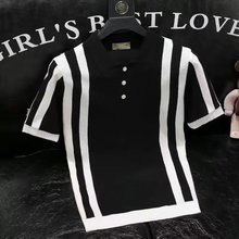 潮流慵懒男夏季潮POLO衫2023ins新款长袖文艺青春流行条纹日系