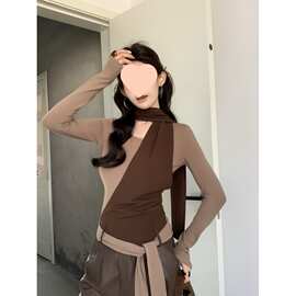 复古辣妹拼接假两件不规则飘带修身显瘦磨毛绑带打底衫