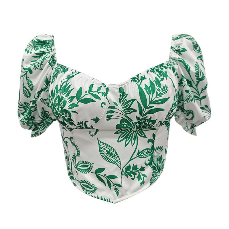 Venta caliente transfronteriza nuevo estilo francés retro estampado cuello cuadrado manga abullonada diseño sexy chaleco corto top