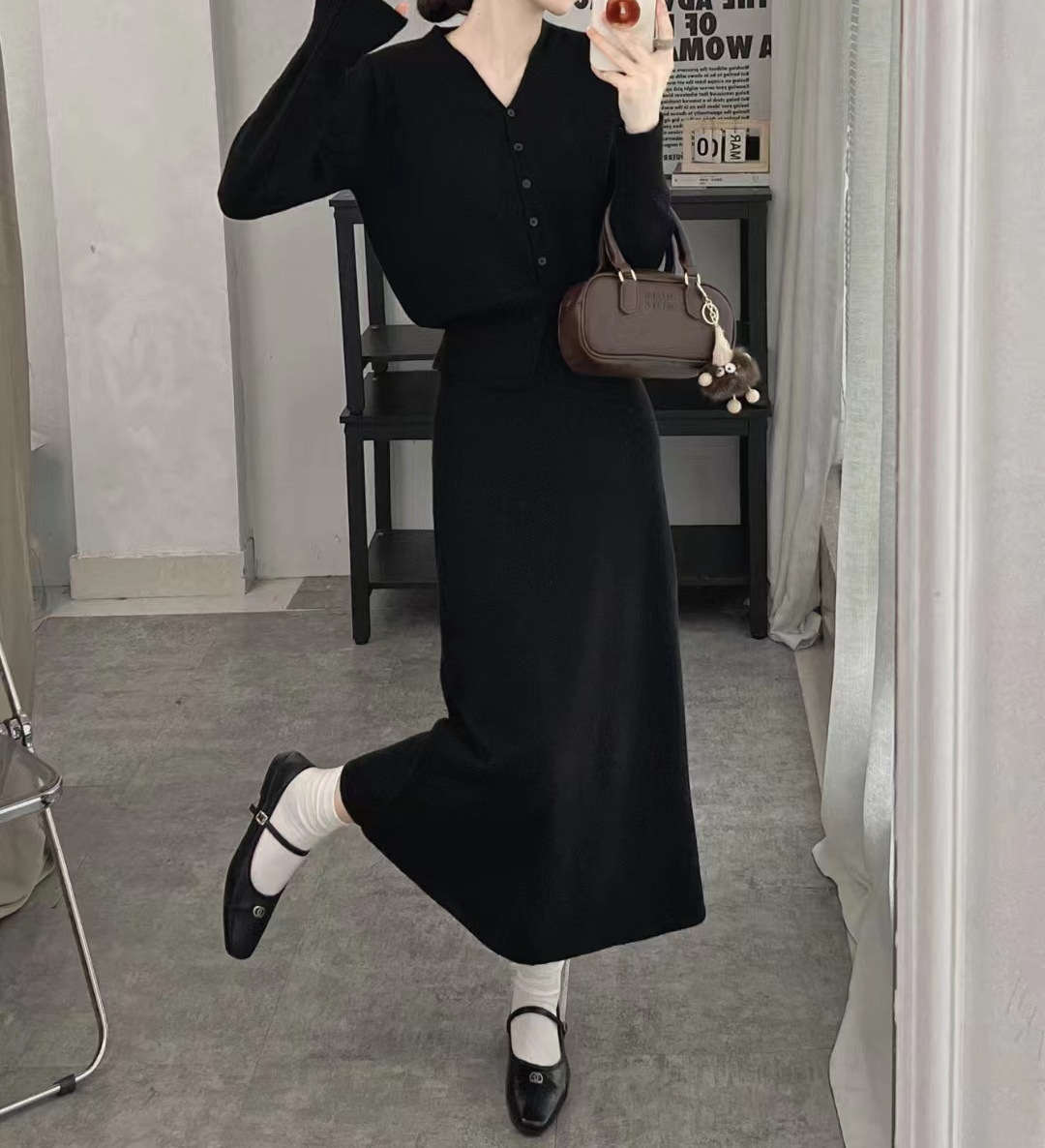 Temperamento piccolo profumo stile due pezzi donna primavera e autunno scollo a V cardigan lavorato a maglia linea A metà corpo lungo_voghion.com