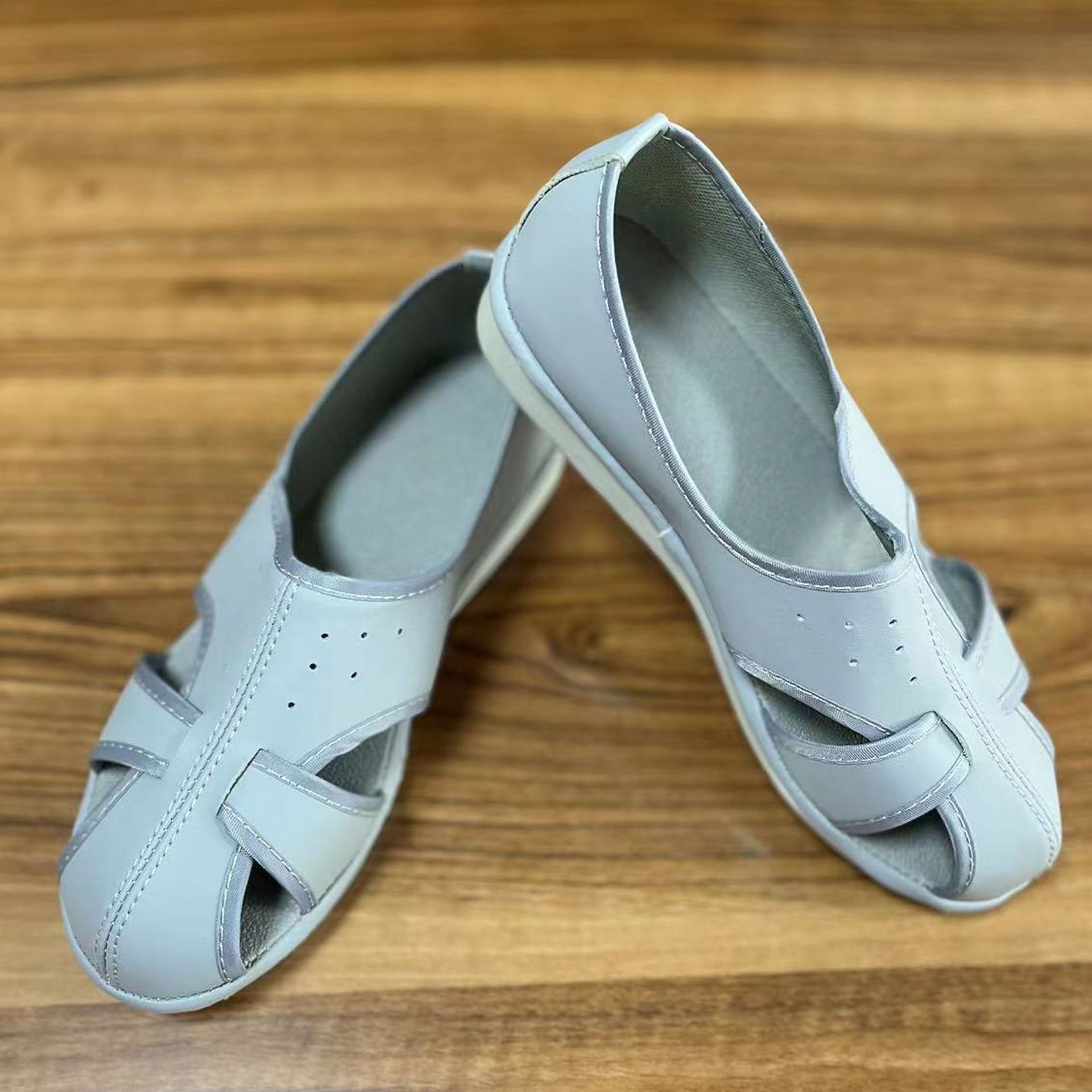 防静电手工鞋皮革四孔灰色冷粘鞋工作鞋透气软底大四孔无尘车间工