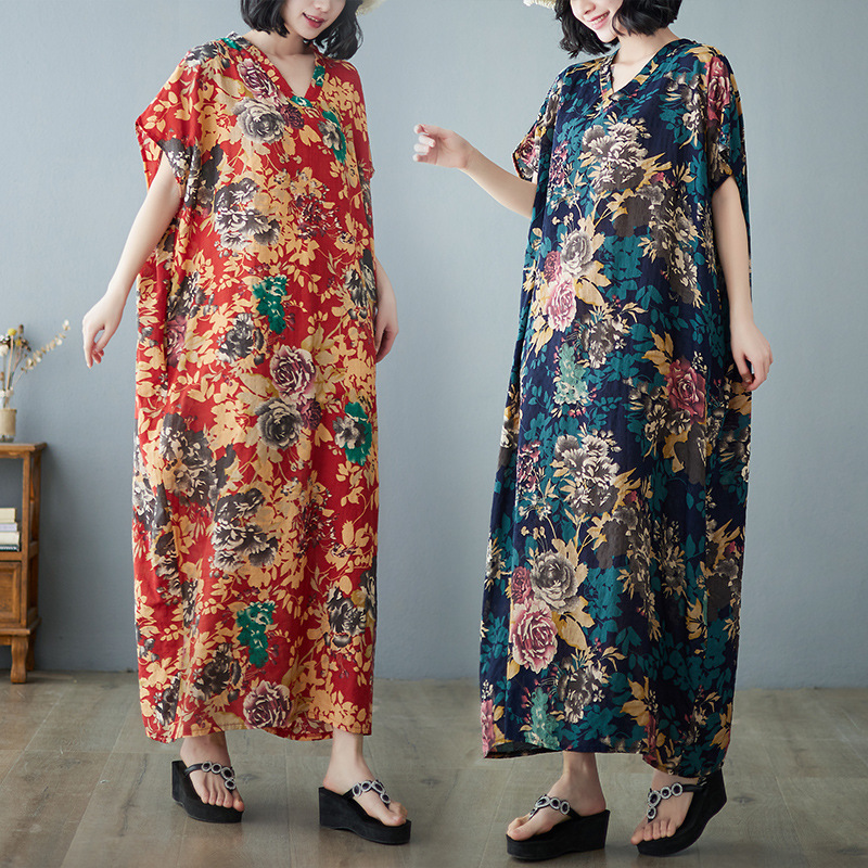 Real Shot of Ready-Made 2025 Summer Retro New Large Size Women's Clothing European and American Style Comfortable and Slimming Look V Neck Dress