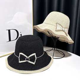 夏季新款水钻蝴蝶结大檐荷叶边透气户外遮阳帽防晒帽显脸小渔夫帽