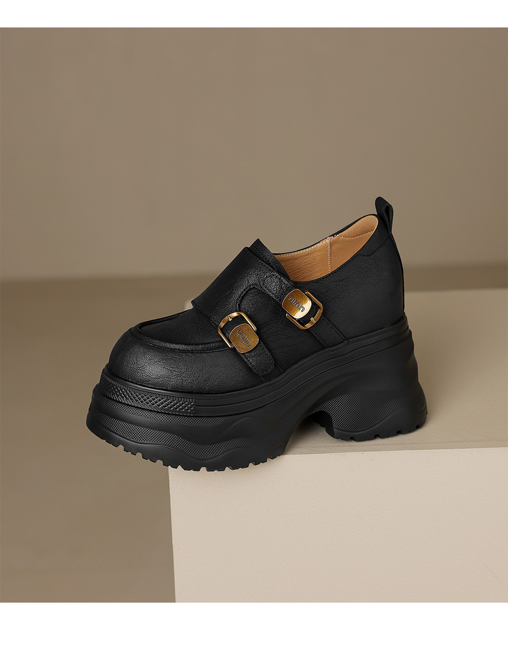 Giày loafer nữ đế xuồng cao 12 cm, miệng sâu cổ điển, khóa thắt lưng — Màu đen, Màu đen kaki chi tiết 18