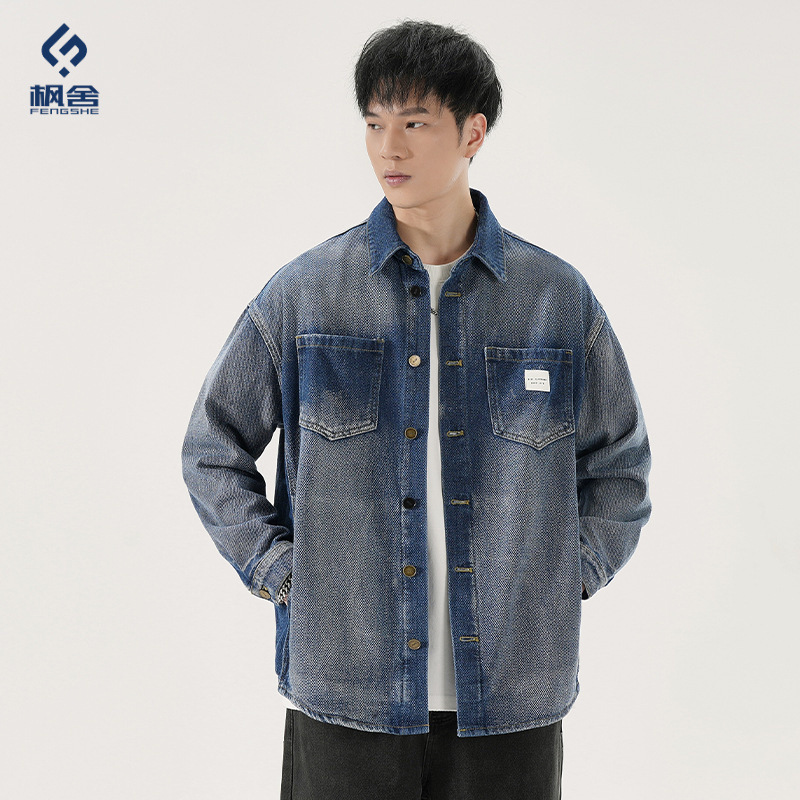 Fengshe Men's Clothing / Diamond Pattern Denim Shirt American Retro Hand-Swept Gradient Label Long Sleeve Jacket for Men