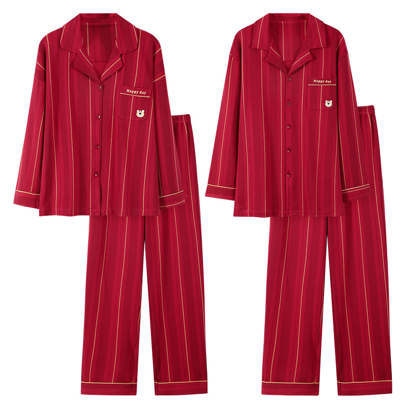 Pijama de algodón femenino primavera y otoño manga larga suelta boda recién casada festiva ropa de casa de hombre rojo pareja dos conjuntos