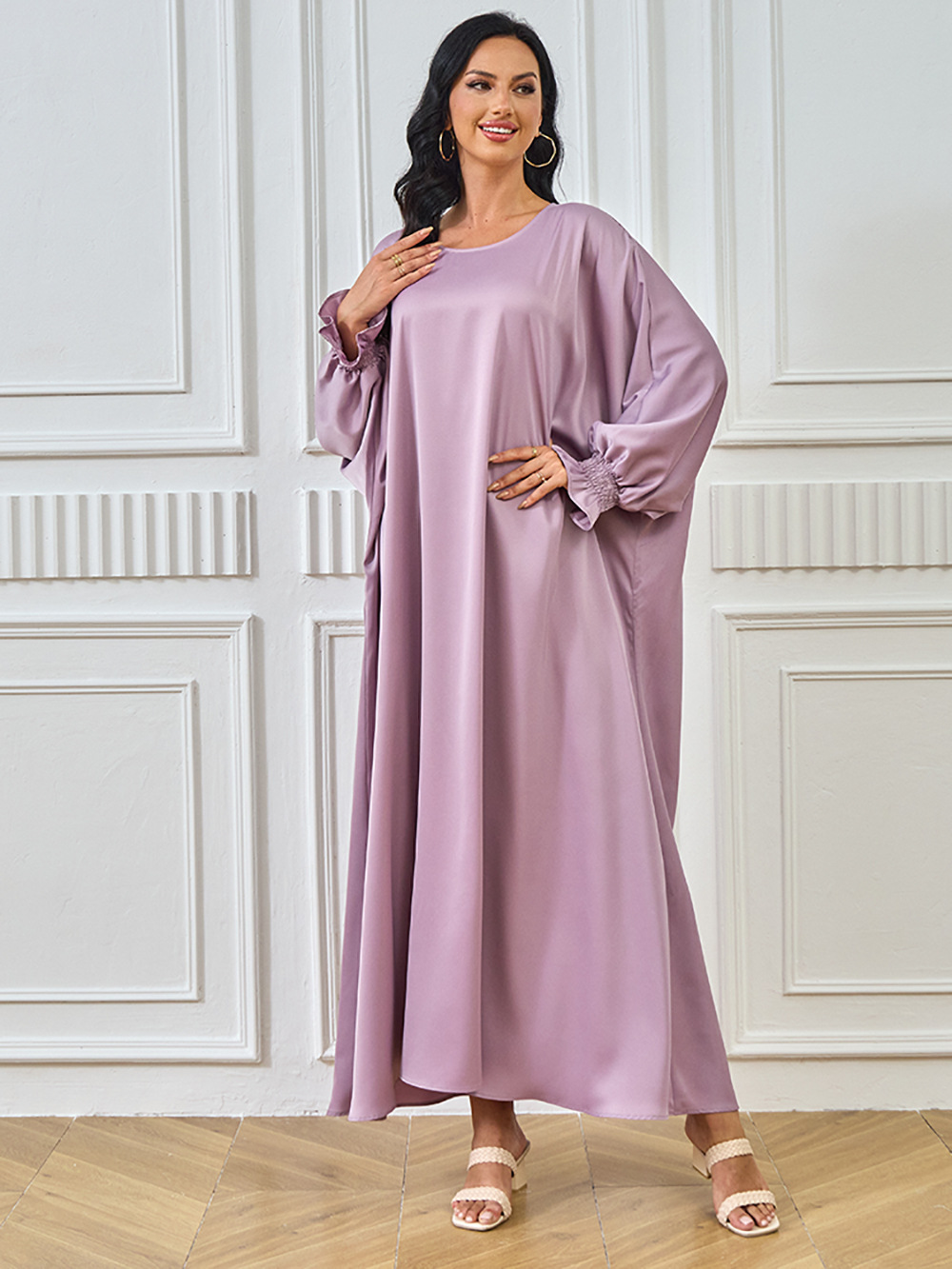 2024 New Cross-Border Abaya Dubai Muslim Middle Eastern Women's Long Robe Solid Color Dress_ecoleips.com