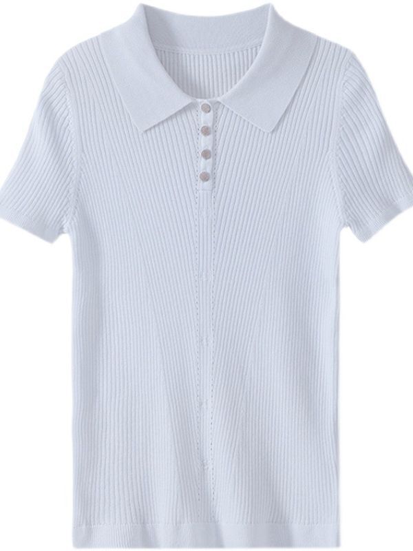 Áo polo nữ dệt kim lụa băng cổ bẻ tay ngắn — Màu đen