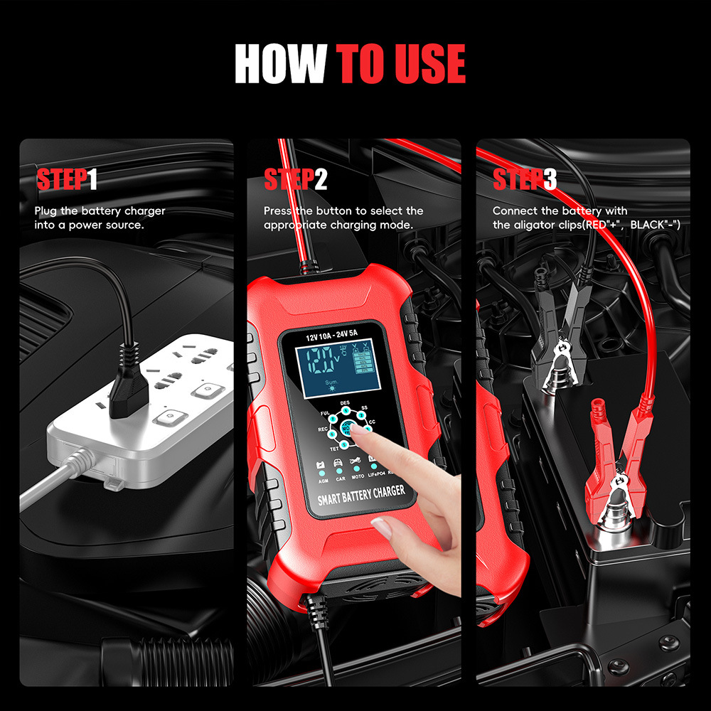12V10A 24V5A battery charger, lead-acid battery charging and pulse repair device, red, European standard
