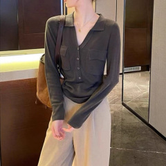 日系复古polo领针织衫女秋季设计感小众软糯打底毛衣内搭翻领上衣
