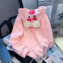 粉色超好看奶fufu草莓熊薄款卫衣女设计感小众宽松连帽加绒上衣潮