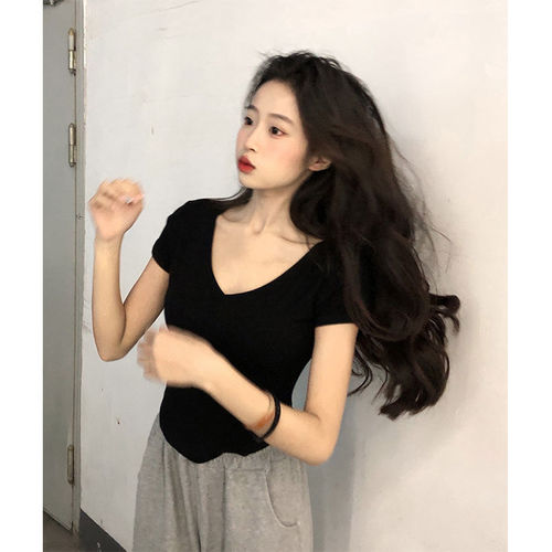 Summer  new Korean version of Internet celebrity pure desire V-neck slim and irregular short-sleeved T-shirt top for women