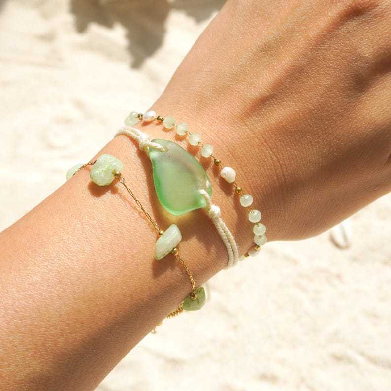 Green Ocean Glass Bracelet Set Bohemian Summer Jewelry Ocean-Inspired Gift for Her