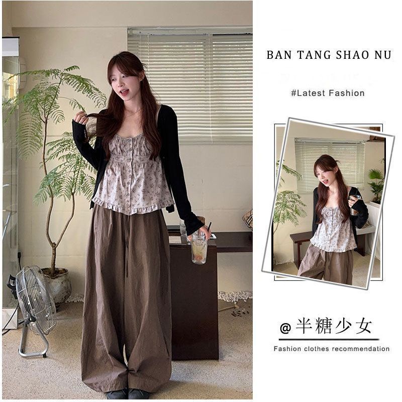 套装女2025秋季新款韩系辣妹防晒开衫碎花吊带上衣阔腿裤三件套潮|undefined