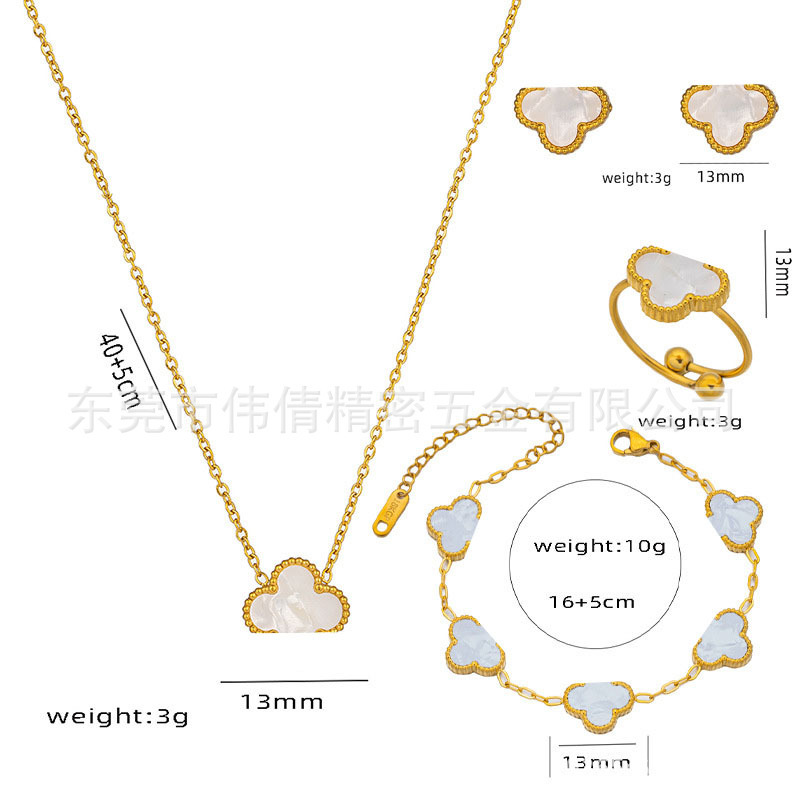 Cross-Border Hot-Selling Accessible Luxury Electroplated 18K Gold Non-Fading Titanium Steel Four-Leaf Clover Four-Piece Set Bracelet Necklace Earrings Ring