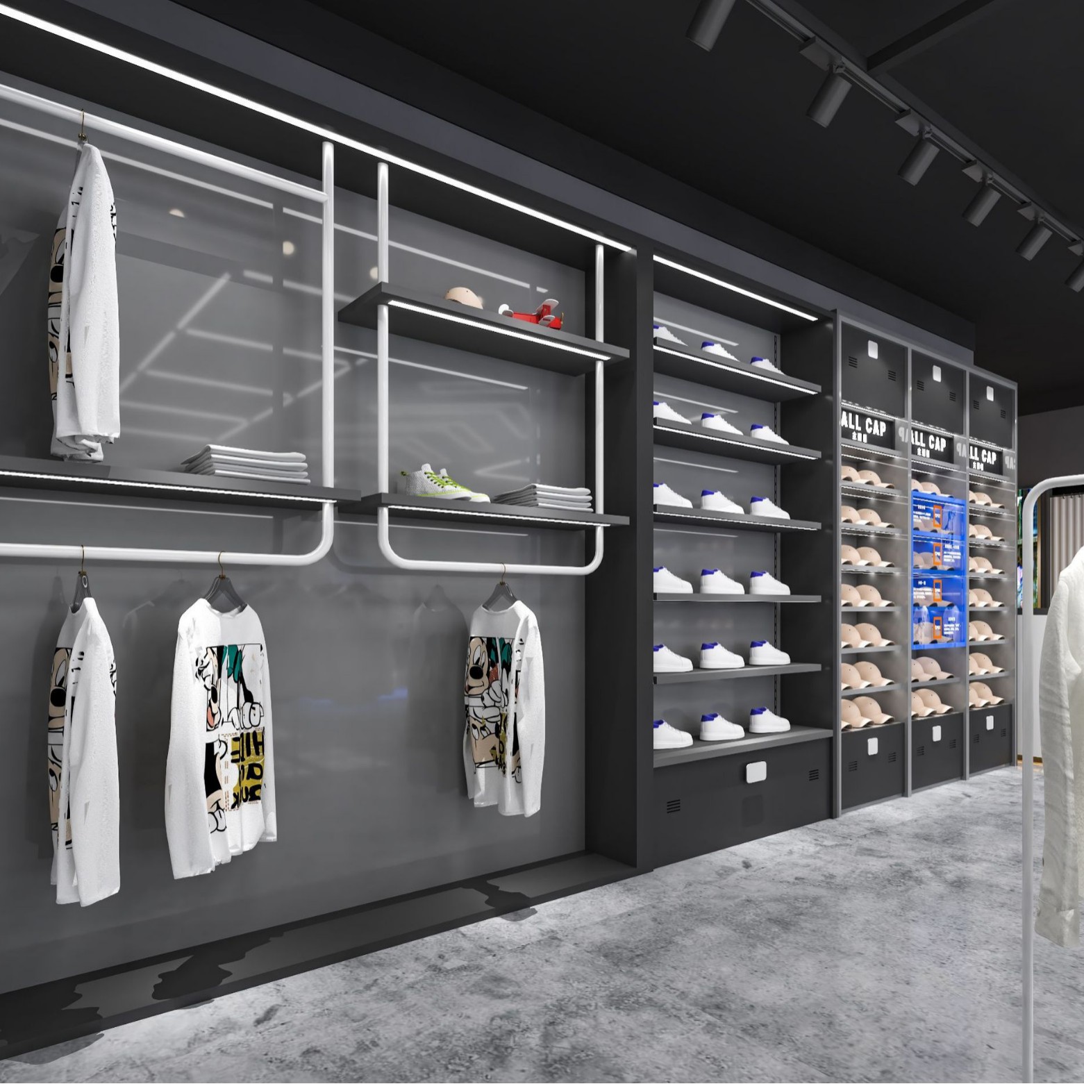 con lámpara en la pared de la tienda de ropa de hombre estantes de decoración de la tienda de ropa de alta gama estante de exhibición estante de exhibición tipo piso