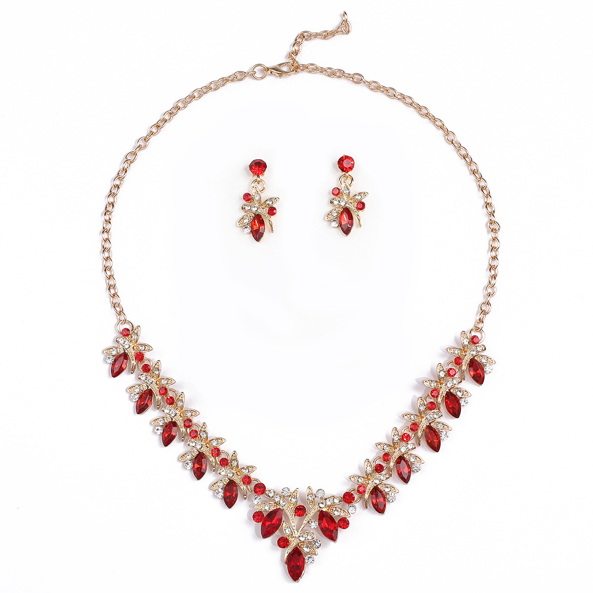 Set di orecchini e collana in lega di cristallo di vetro intarsiato con libellula, abito da sposa e accessori_voghion.com