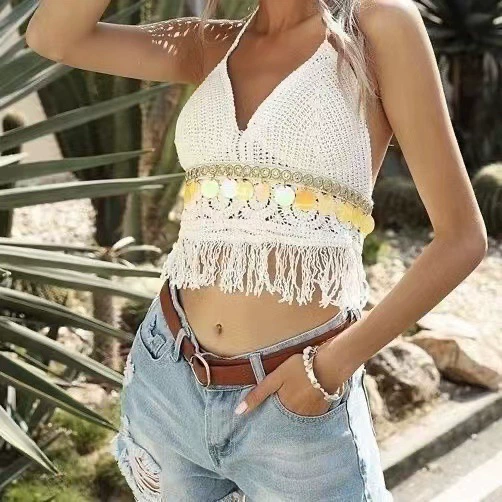 Bra top / knitted crop tank with cups and straps, backless, embroidered trim, one size