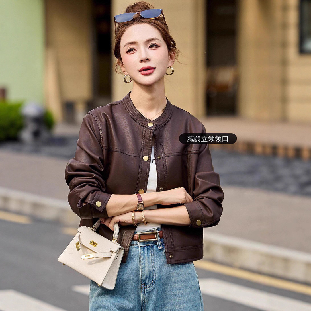 New Spring and Autumn Retro Style Long-Sleeved Small Stand-Up Collar Leather Jacket for Women Spring and Autumn Short Motorcycle Jacket