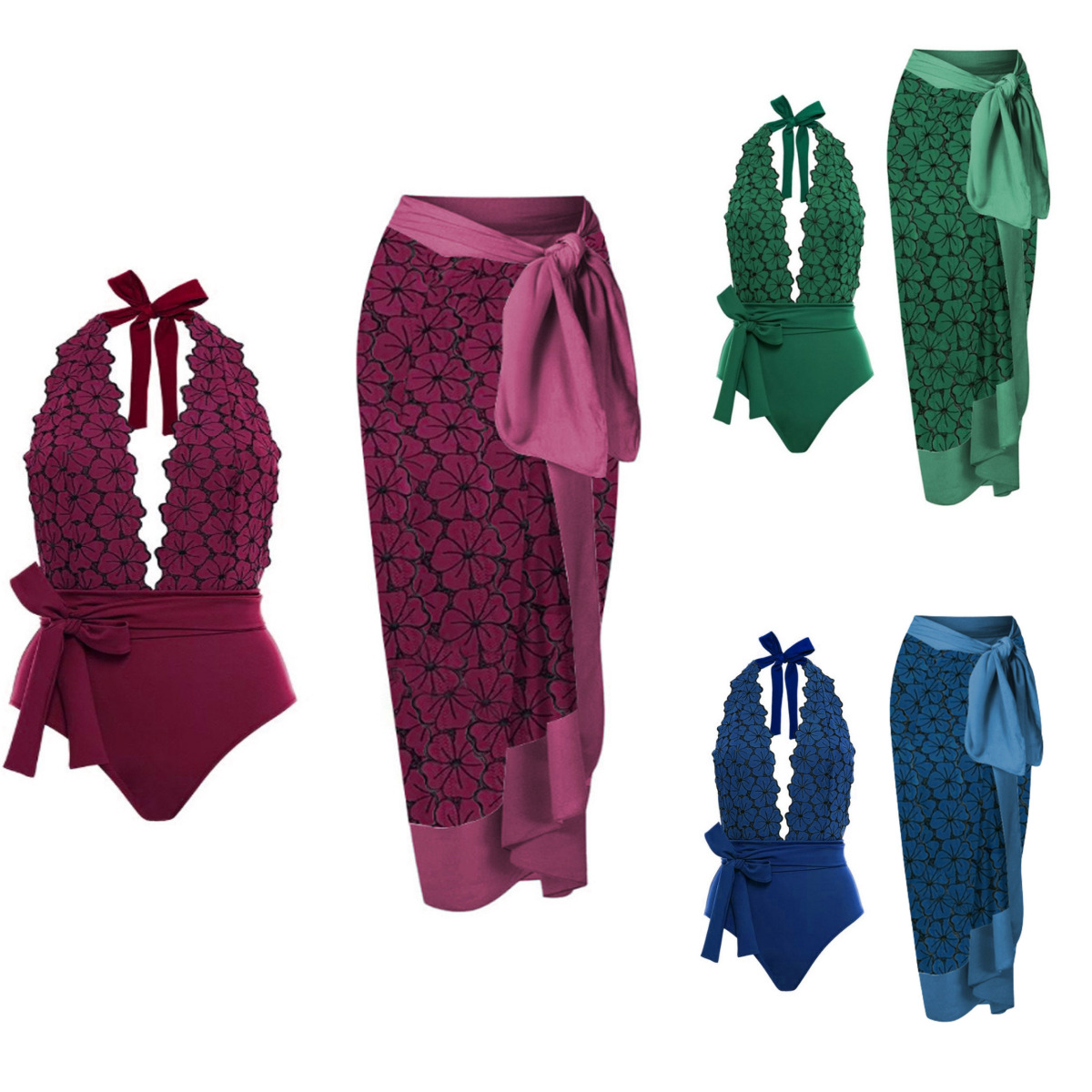 2025欧美外贸连体保守遮肚显瘦露背性感裙式泳衣雪纺沙滩裙比基尼