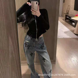 欧货ch重工前口袋十字架牛仔裤女2026新款皮标高腰阔腿显瘦拖地长