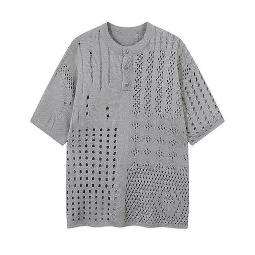 Knitted shirt, short-sleeved T-shirt, men, hollow ice silk, breathable summer, Henry collar, old money style, casual cross-border factory wholesale