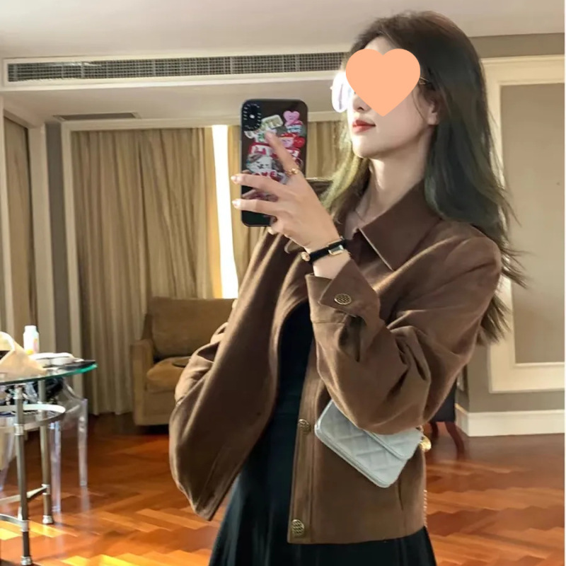 咖色鹿皮绒外套女短款2025春秋款韩系宽松休闲复古小个子夹克上衣|undefined