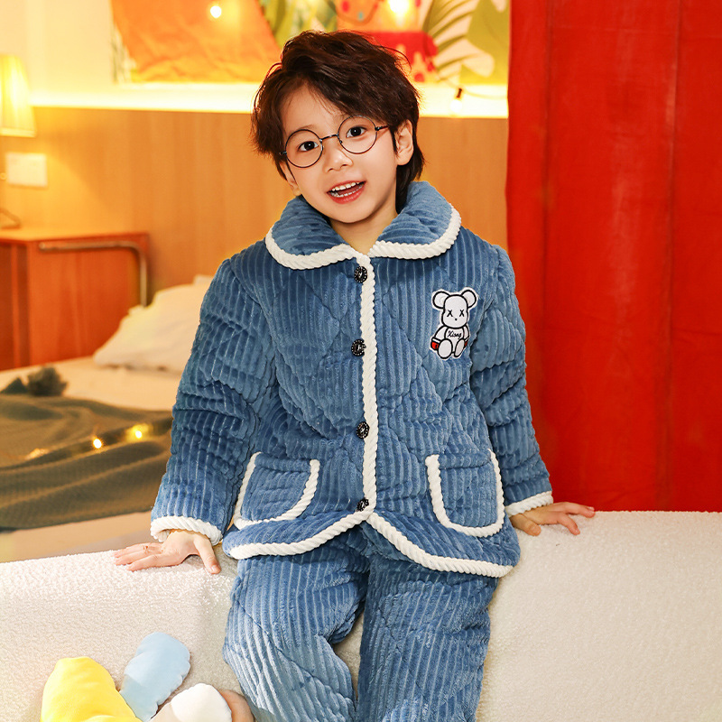 Winter Children's Quilted Pajamas, Flannel Fleece-Lined Three-Layer Home Clothes, Boys and Girls Coral Fleece Set with Hood
