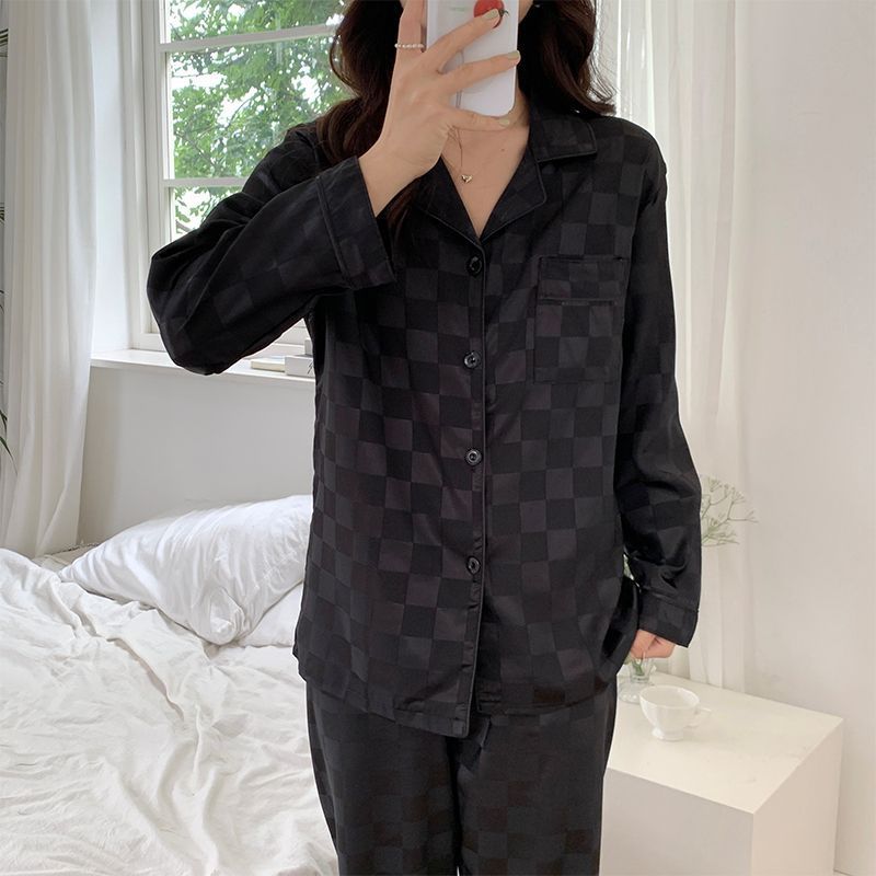 Transfronterizo satén jacquard hielo seda pijama de primavera y otoño mujeres pantalones de manga larga cardigan de alta calidad conjunto de ropa para el hogar