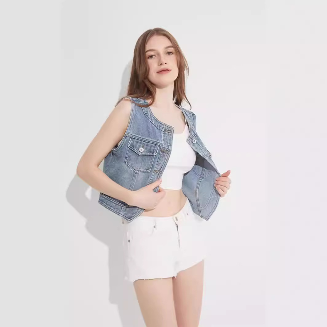2024 new short women's clothing European and American cross-border Denim slim vest sleeveless top summer vest waistcoat shawl
