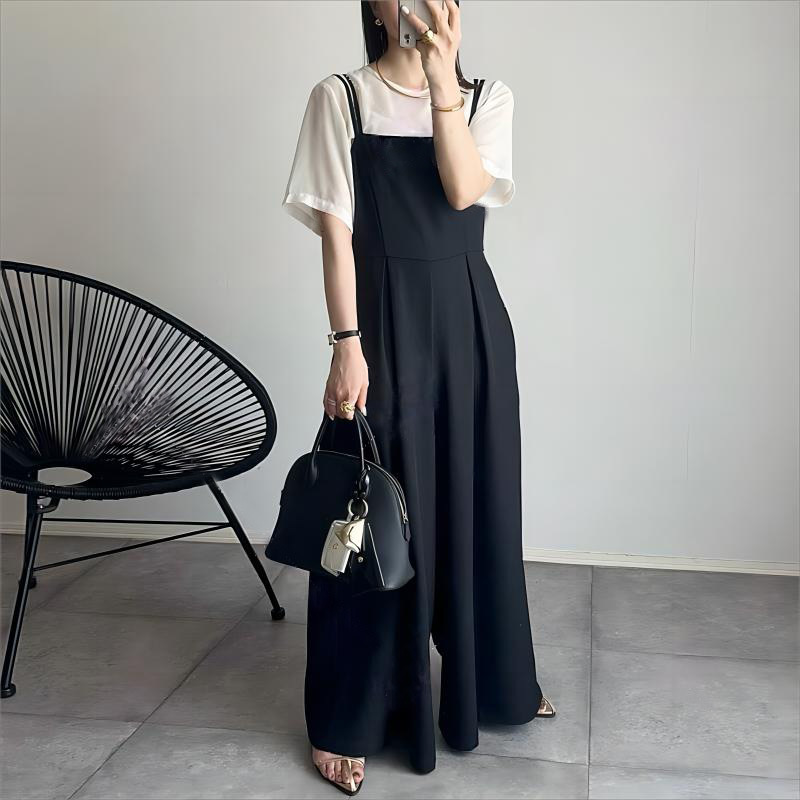 Cross-border Single Japanese and Korean Style 2024 Summer New Fashionable All-match Adjustable Double Shoulder Strap Wide Leg Jumpsuit for Women