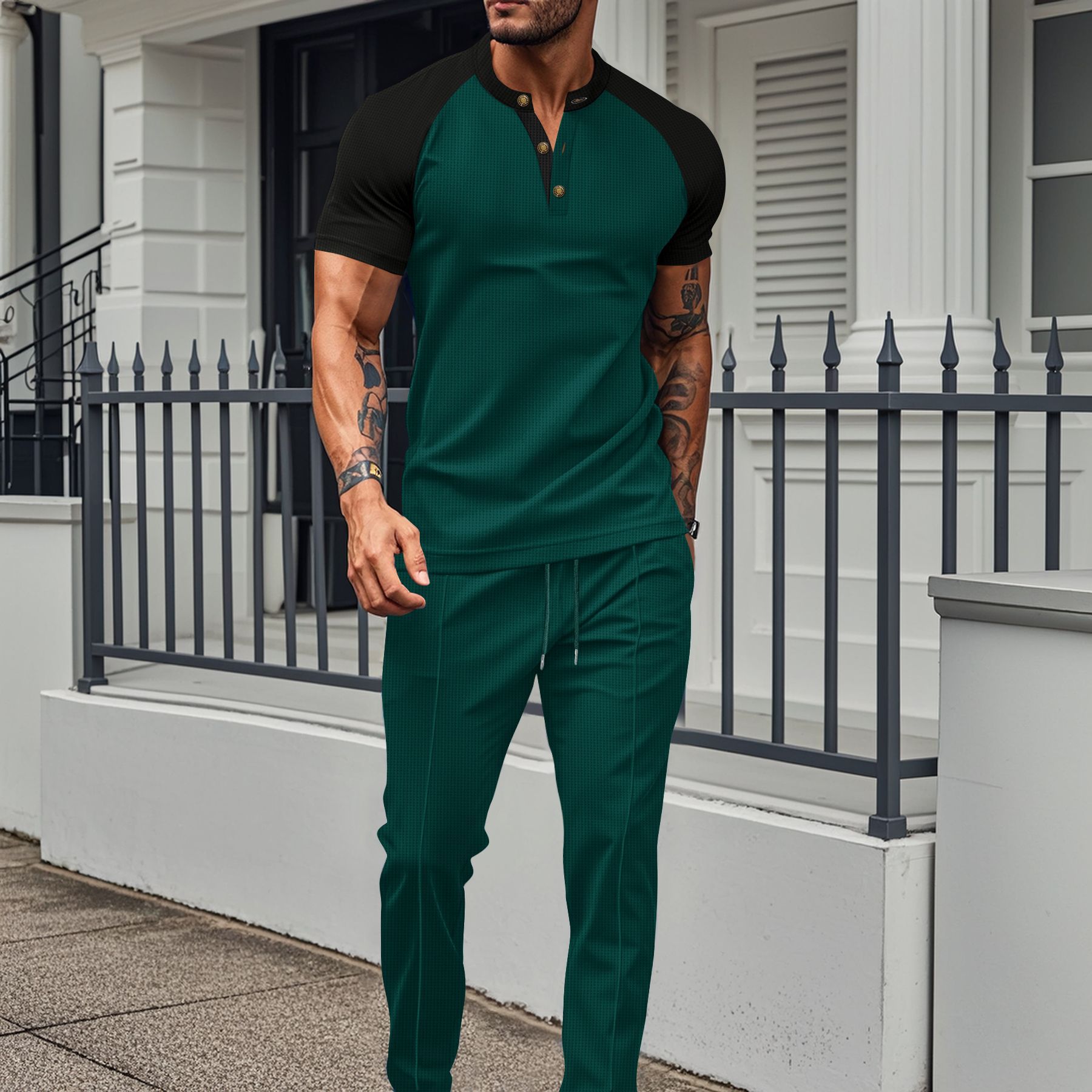 Ensemble de costume d'été décontracté pour homme - T-shirt à manches courtes et col rond color block et pantalon. Ensemble deux pièces élégant et basique en polyester._voghion.com