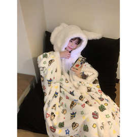 卡通蜡笔小新法兰绒睡袍女秋冬毛茸茸加厚保暖连帽外套家居服睡袍