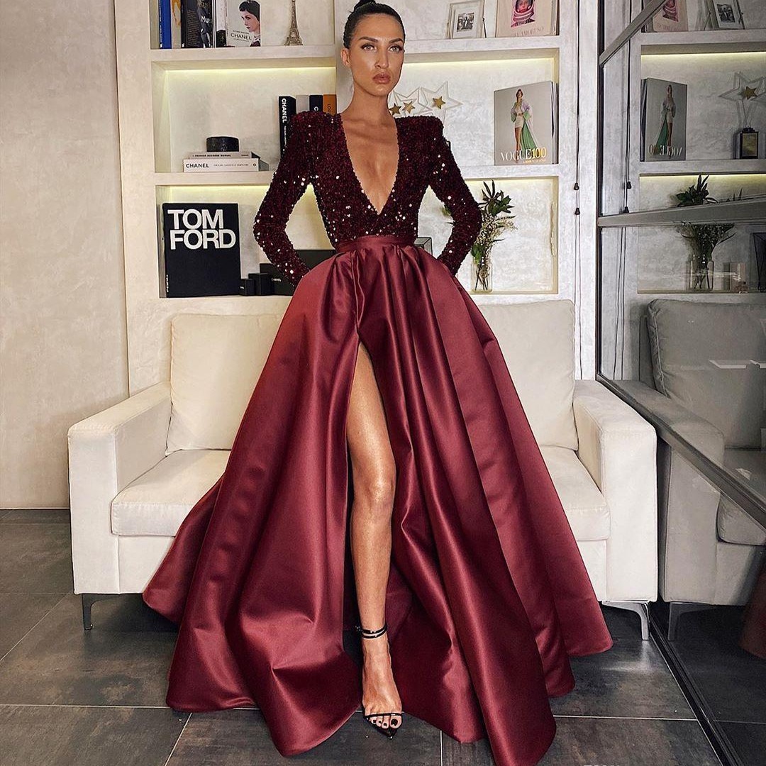2025 European and American European and American New Women's Sexy One-Shoulder Long-Sleeved Beaded V-Neck Large Sequin Split Long Dress Evening Dress