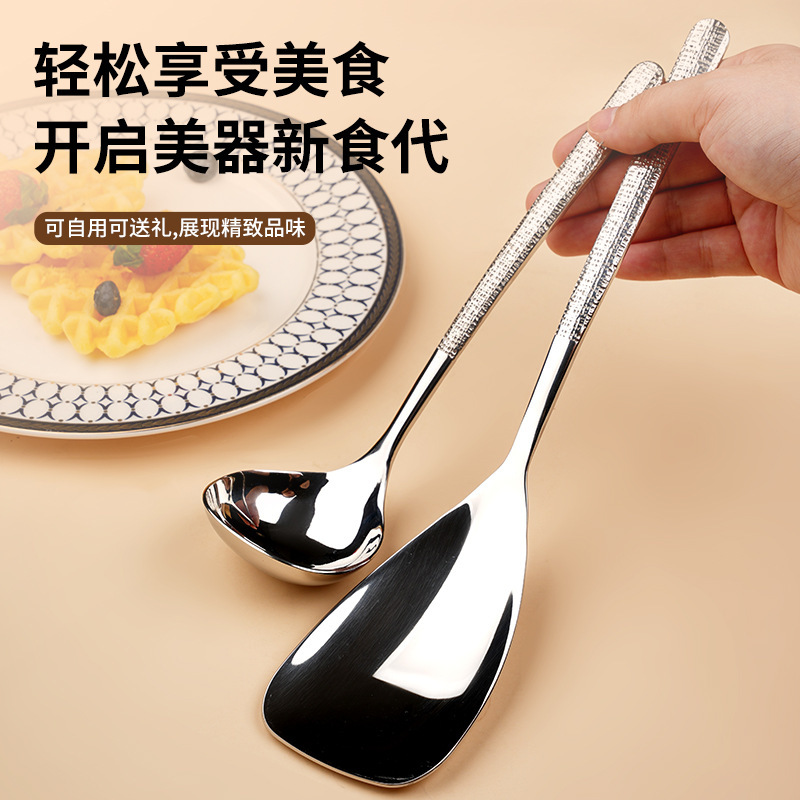 304 Stainless Steel Hammered Handle Spoon Western Food Spoon Long Handle Serving Spoon Round Head Spoon Eating Spoon Public Spoon Hammered Tableware