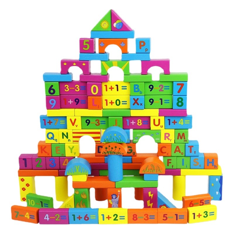 Grandes 100 piezas de madera ensambladas bloques de construcción educación temprana para niños forma de jardín de infantes número letras juguetes cognitivos para niños