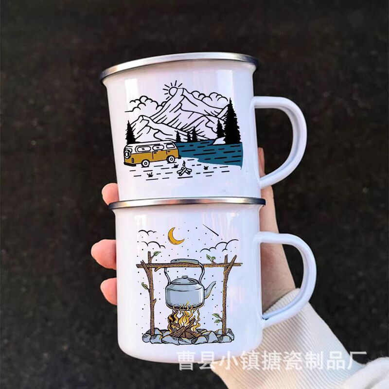 Wholesale Stainless Steel Vintage Enamel Cup White Printed Tableware Hospitality Tea Cup Large Capacity with Lid Breakfast Mug