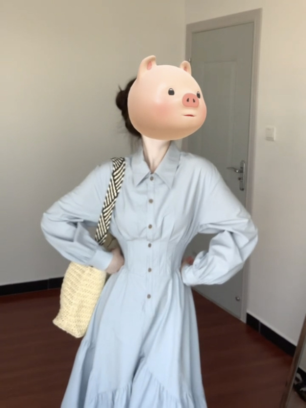 秋季流行穿搭蓝色POLO领连衣裙高级感收腰显瘦衬衫裙知识分子裙子|undefined