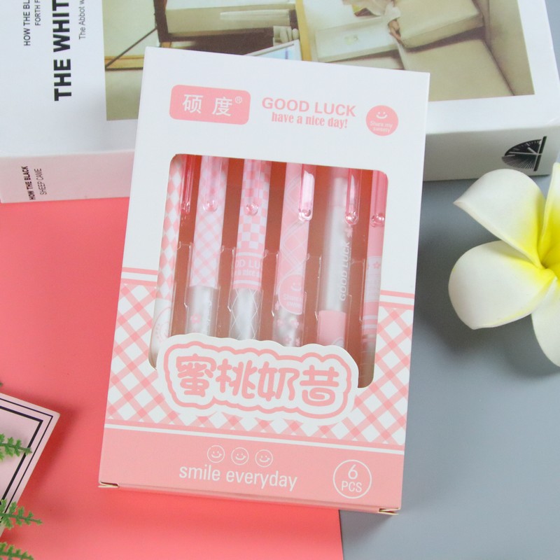 6 piezas en caja ST cabeza de prensa pluma de gel de prensa de alta apariencia estudiante creativo cepillo pregunta pluma mismo color firma pluma