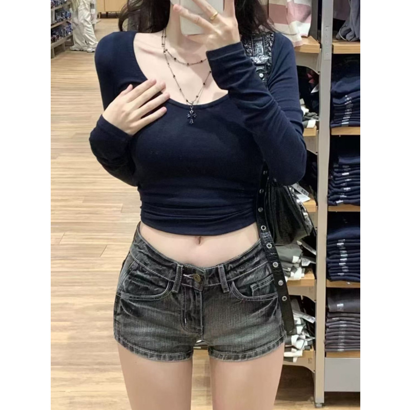 Vintage Black Grey High Street Low Waist Denim Shorts Women's Washed Old Slim-Fit Slimming All-Match Stretch Shorts Hot Pants