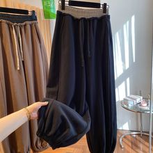 特大码斤春秋小众撞色松紧腰休闲卫裤女胖宽松哈伦束脚长裤