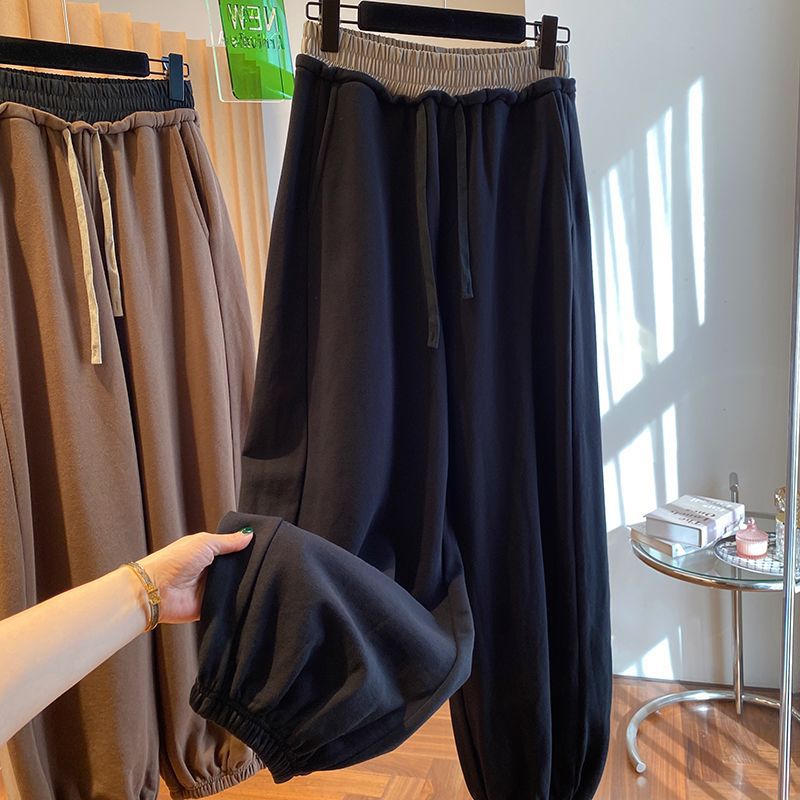 特大码斤春秋小众撞色松紧腰休闲卫裤女胖宽松哈伦束脚长裤