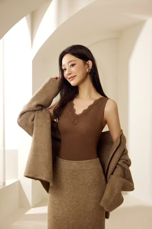 天然桑蚕丝羊绒V领蕾丝磨毛自热无痕秋冬保暖背心女修身内搭打底|undefined