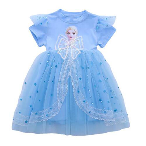 Girls Summer Dress 2024 New Style Bingbing Elsa Princess Dress Children's Puffy Mesh Dress