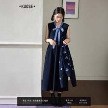 阔色碎花毛衣开衫领结背心裙两件套装2025秋冬季新款女连衣裙上衣