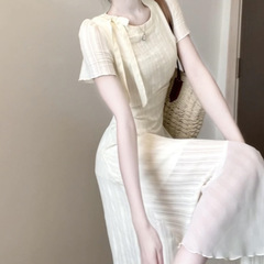 2025夏季新款百搭时尚休闲白色连衣裙子女不规则收腰仙女长裙